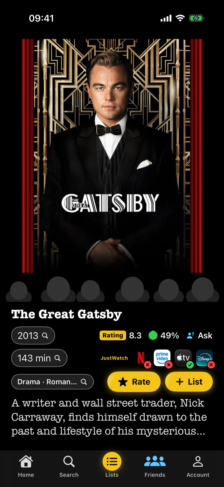 FilmFeed feed showing a movie poster, ratings and quick actions